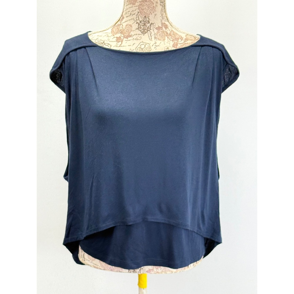 Ronen Chen Navy Blue Double Layer Draped High Low Jersey Top Sz 8